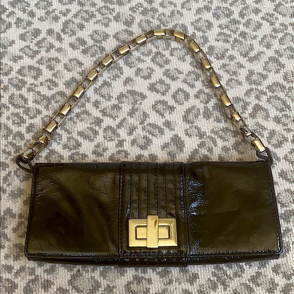 Kooba black patent clutch